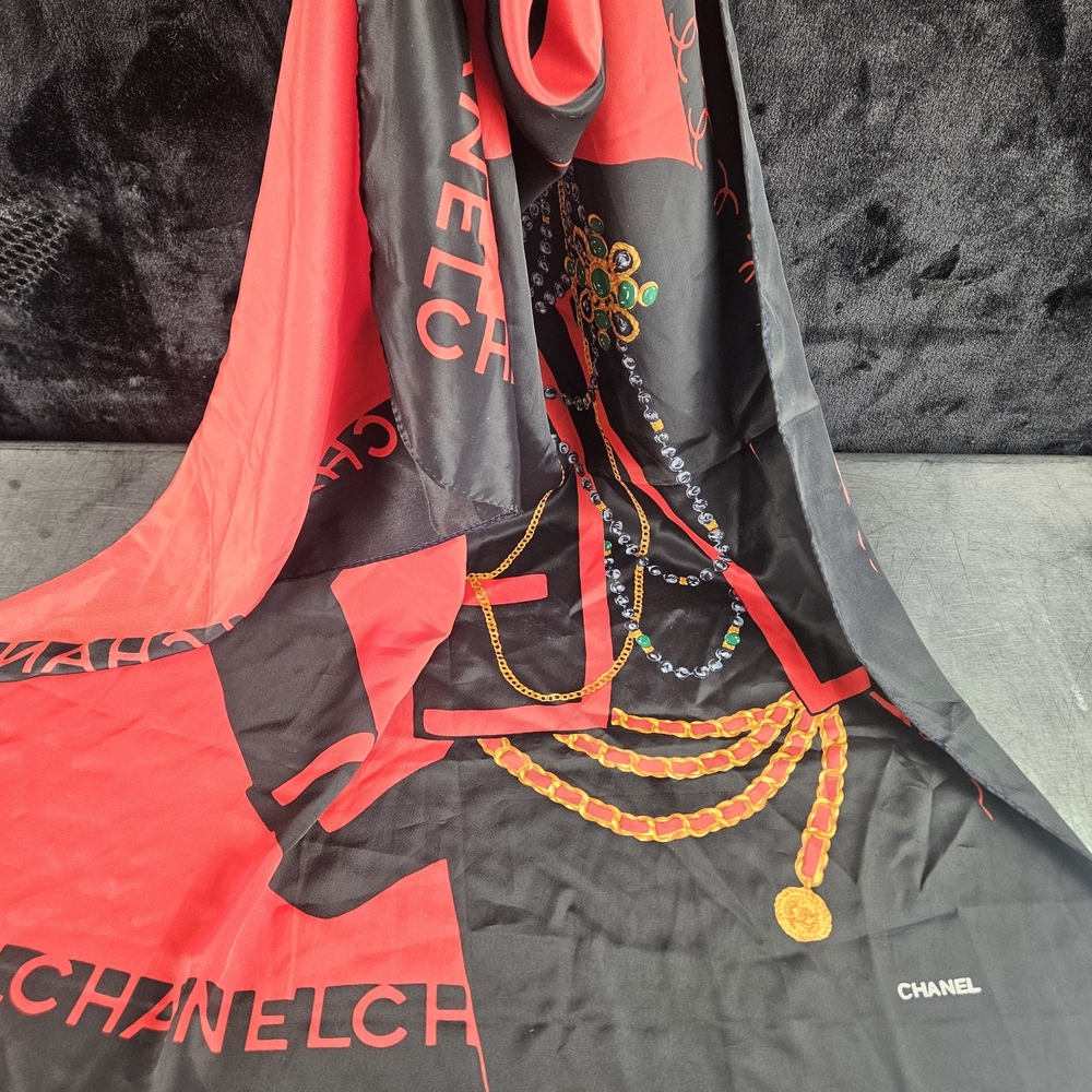Chanel Red and Black Silk Scarf